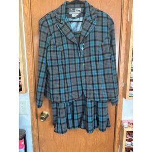 Ben Marc International Womens Plaid Skirt Suit Set Turquoise Grey Black Size 14